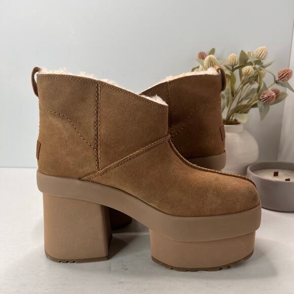 UGG Classic Mini New Heights Platform Suede Boots Chestnut Women's 10 Tried On - Picture 6 of 11